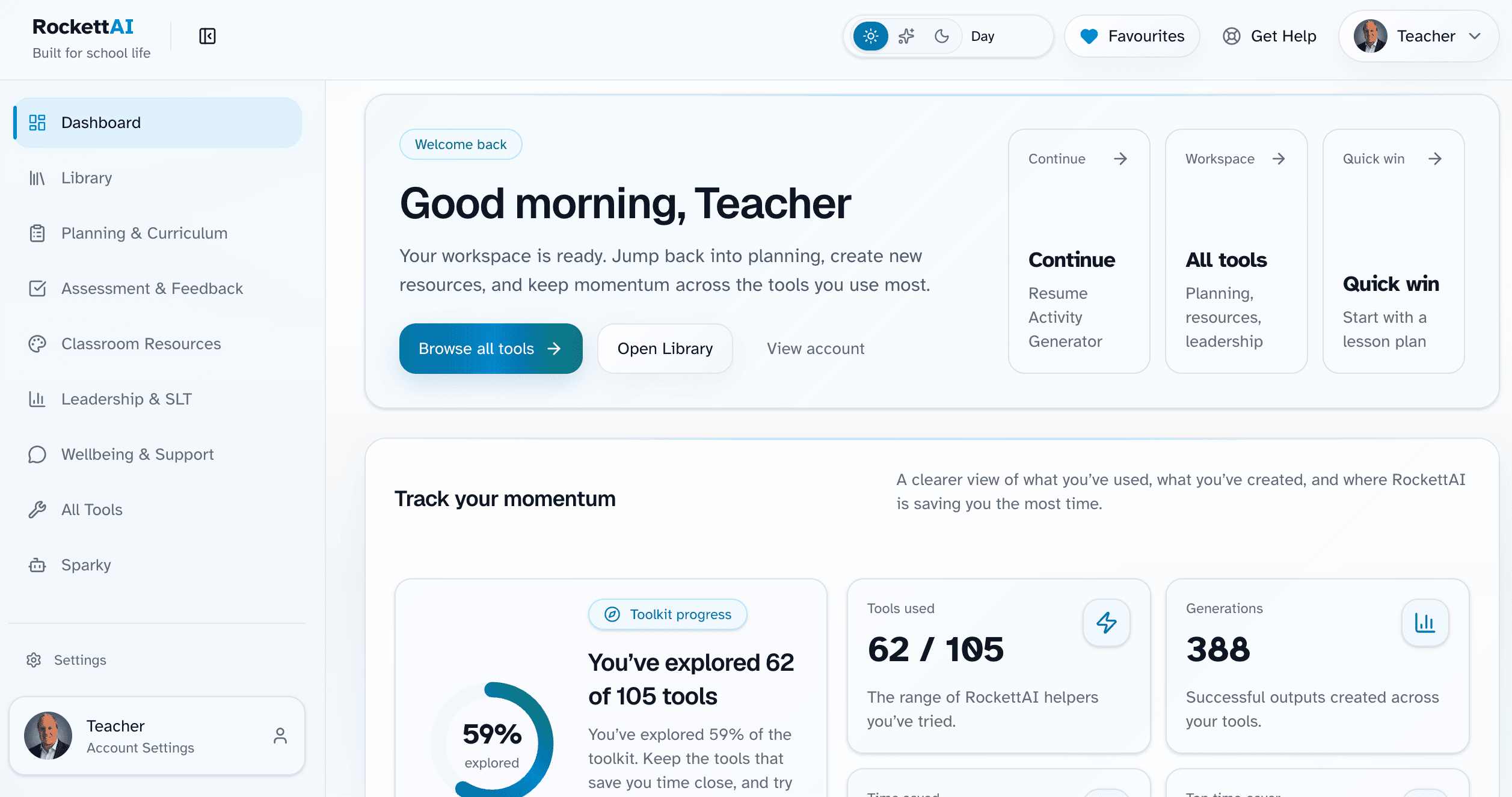 RockettAI dashboard showing a connected workflow from choosing a tool to reviewing saved work